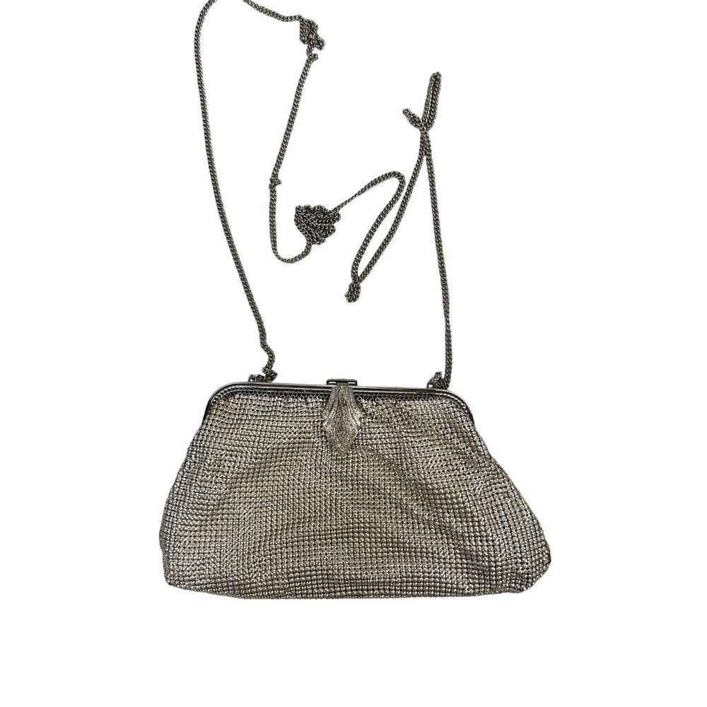 Whiting And Davis Silver Tone Mesh Evening Purse Rhinestone Clasp Chain Strap